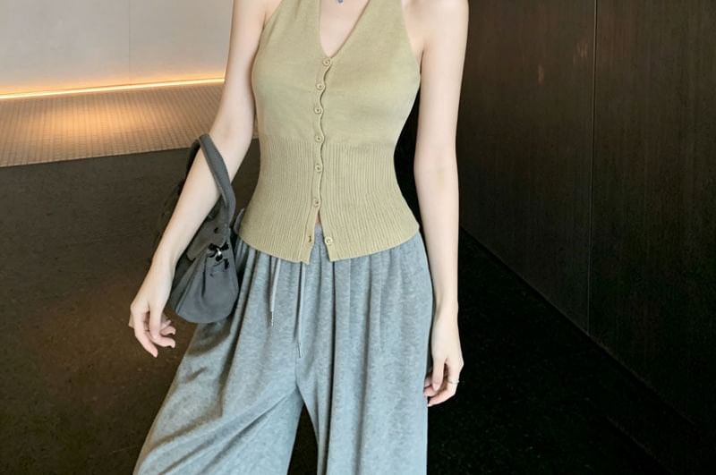 Button-Front Ribbed Knit Halter Top