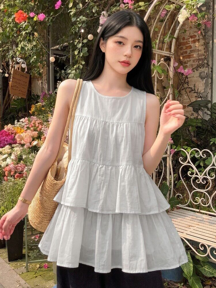 Tiered Sleeveless Top with Round Neckline