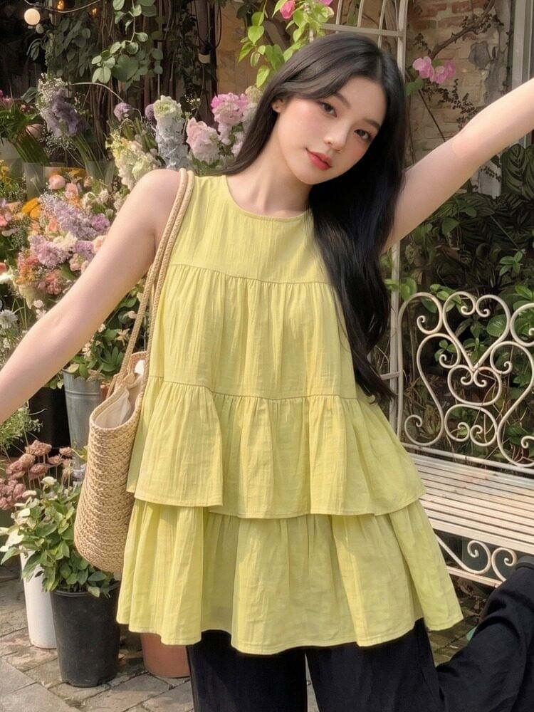 Tiered Sleeveless Top with Round Neckline