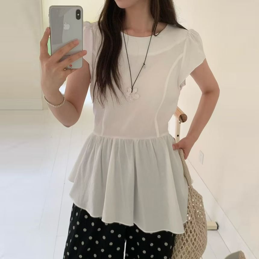 Asymmetric Peplum Blouse with Crew Neckline