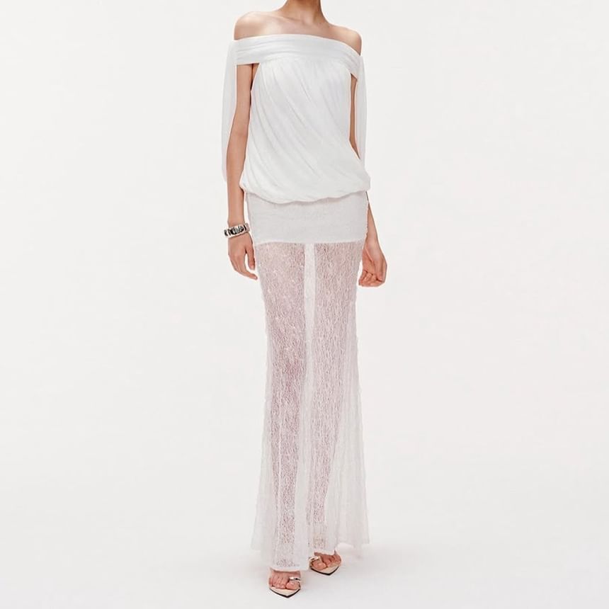 Off-Shoulder Blouse Set with Shirred Bodice & Mermaid Skirt