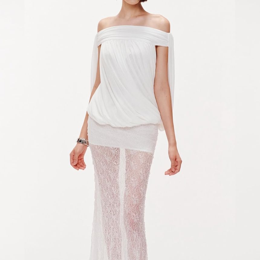 Off-Shoulder Blouse Set with Shirred Bodice & Mermaid Skirt