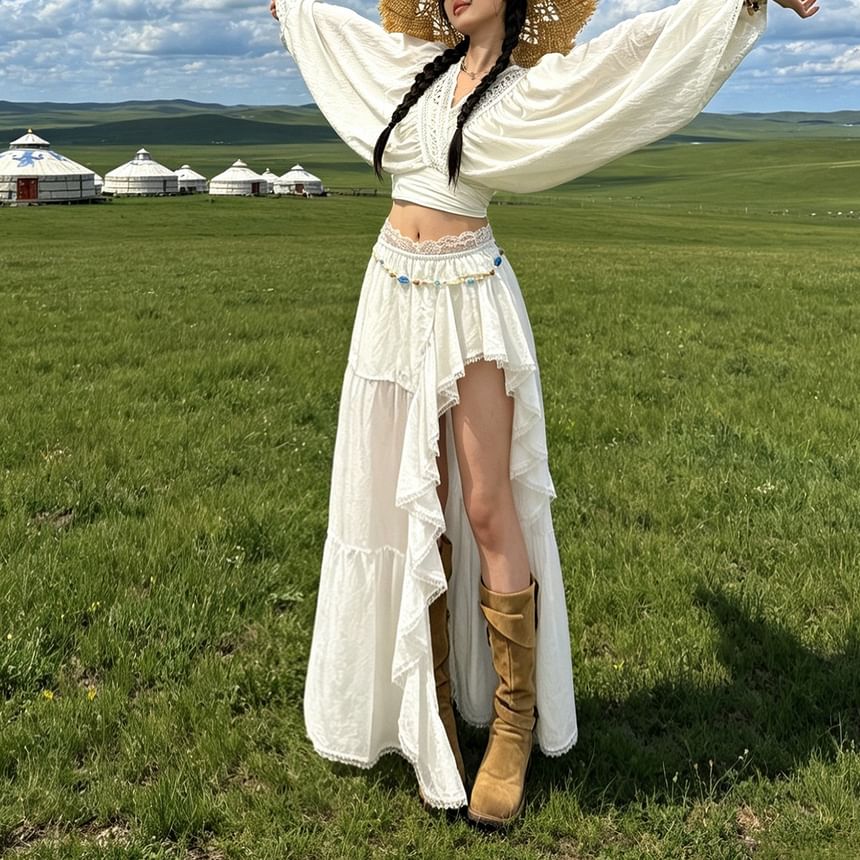 Crop Blouse with Puff Sleeves & Embroidered Trim Plus Asymmetric Slit Skirt