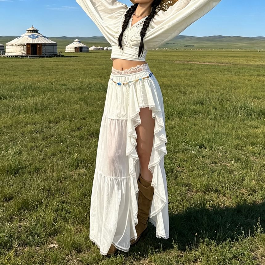 Crop Blouse with Puff Sleeves & Embroidered Trim Plus Asymmetric Slit Skirt