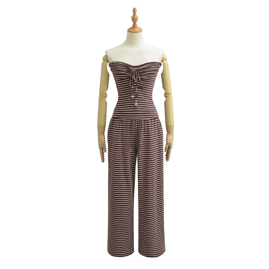 Striped Crop Top Plus Drawstring Wide Leg Pants Set