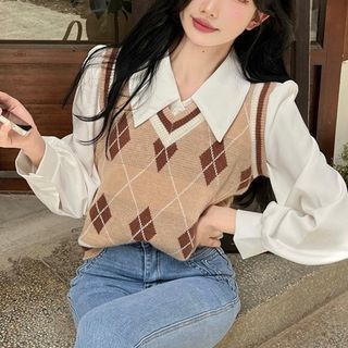V-Neck Plain / Argyle Shirt Vest Puff-Sleeve Sweater