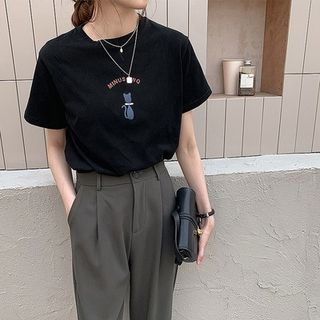 Neck T-Shirt Short-Sleeve Cat Crew Print