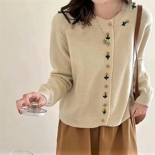 Neck Floral Crew Cardigan Plain