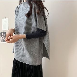 Plain Slit Ribbed Knit Poncho