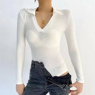 Polo-Neck Long-Sleeve Bodysuit Plain Ribbed Top