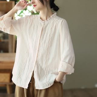 Stand-Collar Lace-Trim Button-Up Long-Sleeve Blouse