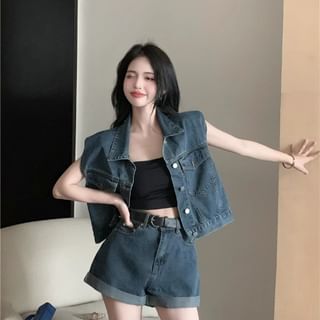 Collar Denim Button Vest / High Waist Roll Up Hem Denim Shorts / Belt / Set