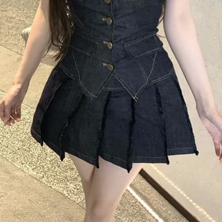 Halter A-Line Pleated Skirt Top Mid Trim / Lace Low Rise Button-Up Denim Mini