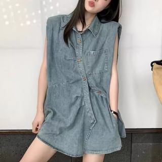 Sleeveless Collared Washed Ruched Shoulder Pad Denim Shirt / High Waist Denim Shorts