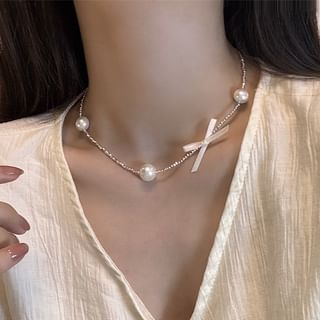 Faux Choker Alloy Pearl Ribbon