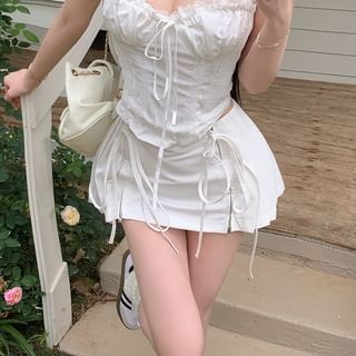 Top A-Line Front Panel Tie Plain Cami Pleated / Ruched High Mini Skirt Rise