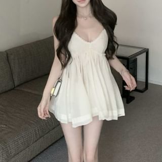 Sundress Spaghetti Trim Lace Strap V-Neck Mini Plain