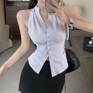 High Striped Shirt Skirt Pencil Rise Button-Up Sleeveless Mini V-Neck /