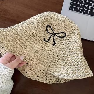 Hat Knit Embroidered Bow Bucket