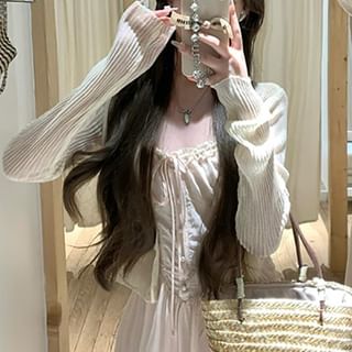 Solid Ribbed Cardigan / Thin Strap Lace Trim Ruffle Maxi A-Line Dress