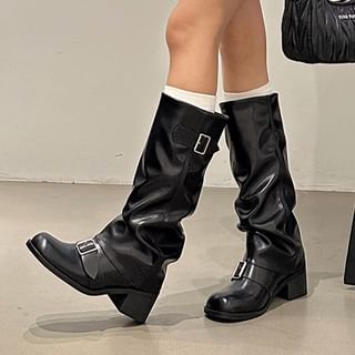 Chunky Boots Leather Tall Plain Buckled Faux Heel