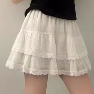 High Waist Lace Trim Tiered Mini Flared Skirt