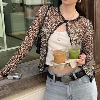 Crew Neck Leopard Print Crop Knit Jacket