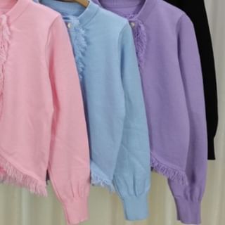 Round Neck Solid Asymmetrical Fringed Trim Crop Jacket