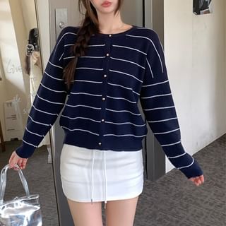 Crew Neck Striped Knit Cardigan