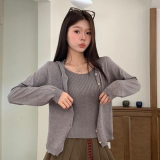 Solid Hooded Mock Two-Piece Knitwear