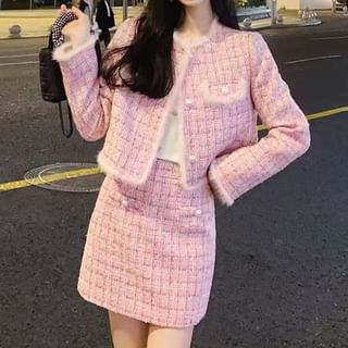 Set: Plaid Fluffy Trim Tweed Button Jacket + High Waist Mini Pencil Skirt