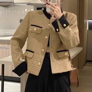 Contrast Trim Tweed Button Jacket