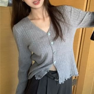 V-Neck Solid Ribbed Button Knitwear