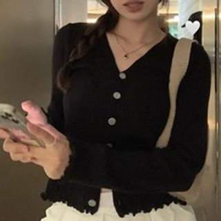 V-Neck Solid Ribbed Button Knitwear