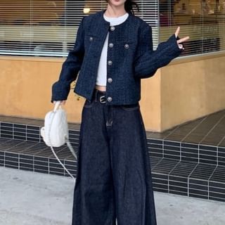 Tweed Button-Up Jacket / Low Rise Washed Wide Leg Jeans