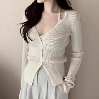 V-Cut Simple Ribbed Knit Sweater Jacket