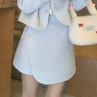 Long Sleeve Stand Collar Plain Lace Trim Blouse / Crew Neck Plain Tweed Button Jacket / High Rise Asymmetrical Mini A-Line Skirt