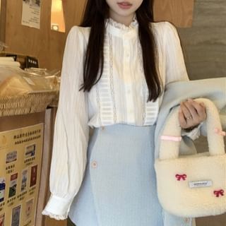 Long Sleeve Stand Collar Plain Lace Trim Blouse / Crew Neck Plain Tweed Button Jacket / High Rise Asymmetrical Mini A-Line Skirt