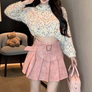 A-Line Pleated / Dotted Mock Sweater Cropped High Skirt Mini Rise Neck Washed