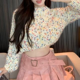 A-Line Pleated / Dotted Mock Sweater Cropped High Skirt Mini Rise Neck Washed