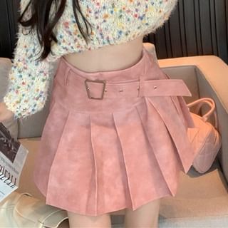 A-Line Pleated / Dotted Mock Sweater Cropped High Skirt Mini Rise Neck Washed