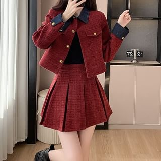 Set: Denim Collar Tweed Button-Up Jacket + High Waist Pleated Mini A-Line Skirt