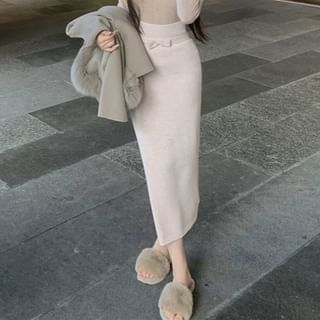 Plain Sleeve Top Skirt Knit V-Neck High Long Rise Pencil Maxi / Bow