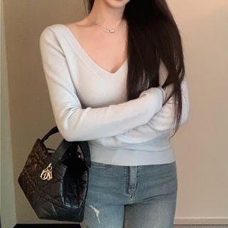 Plain Sleeve Top Skirt Knit V-Neck High Long Rise Pencil Maxi / Bow