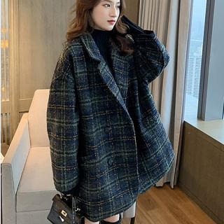 Notch Lapel Plaid Tweed Double-Breasted Coat