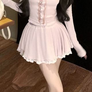 Mid Neck Rise Lace Hooded Mini Long-Sleeve Trim Skirt Top Plain Scoop A-Line /