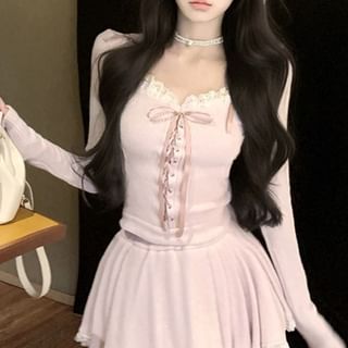 Mid Neck Rise Lace Hooded Mini Long-Sleeve Trim Skirt Top Plain Scoop A-Line /