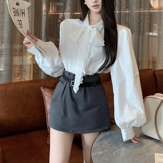 Long-Sleeve Tie-Neck Plain Lace Panel Blouse / High Rise Mini Pencil Skirt / Crew Neck Tweed Jacket / Belt