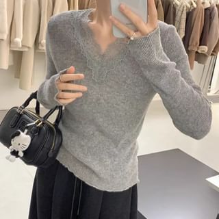 Ribbed V-Neck Lace-Trim Long-Sleeve Knit
