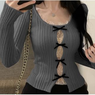 Bowknot Crop Knit with Lace Panel and Round Neck